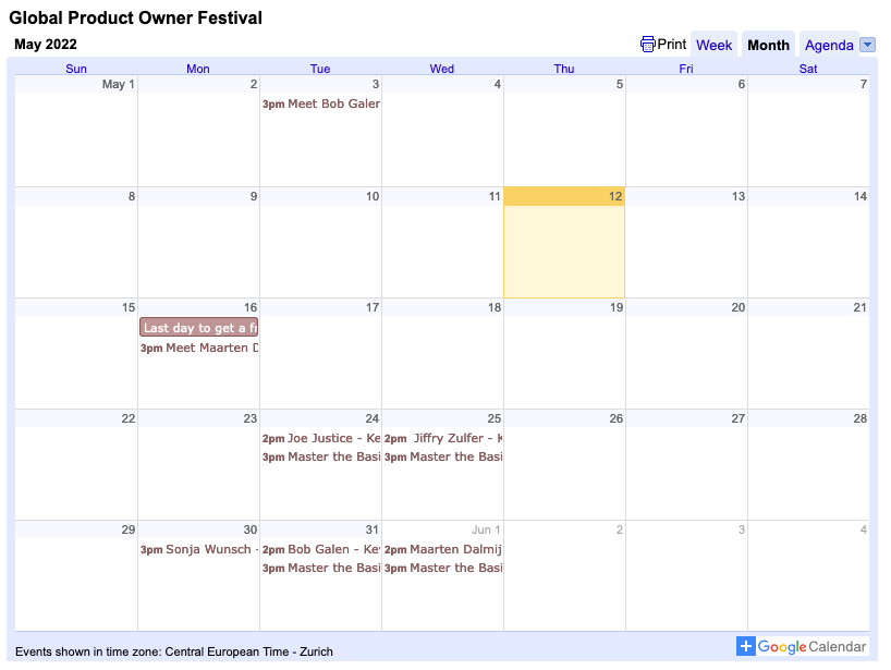 Product Owner Festival Calendar